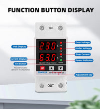 Load image into Gallery viewer, Dual Display 40A 63A 230V Din Rail Adjustable digital Over Under Voltage Relay Surge Protector Limit Over Current Protection