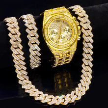Load image into Gallery viewer, 14MM Necklace+Watch+Bracelet Iced Out Watches For Men 2 Row Rhinestone Cuban Chain Necklace Set Women Men Hiphop Jewelry Gift