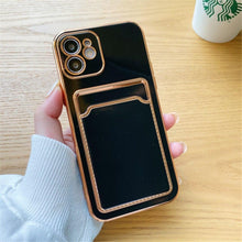 Load image into Gallery viewer, Luxury Plating Silicone Card Slot Holder Case For iPhone 14 12 13 Pro Max Elegant Women Soft Wallet Shockproof Cover Soft Bumper Beautiful Shiny Color Smartphone Case For Women