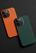 Load image into Gallery viewer, Genuine Leather Phone Case for iPhone 13 14 Pro Max 12 Mini 12 Pro Max Back Cover Neon Orange Silicone Phone Cover Wireless Charging Compatible Shockproof Protective Case for iPhone