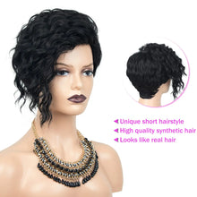 Load image into Gallery viewer, Short Curly Wigs for Black Women Natural Looking Wavy Short Black Wigs with Bangs Side Part Synthetic Hair Fashion Wigs