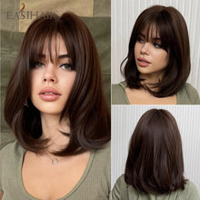 Load image into Gallery viewer, Short Straight Bob Wigs for Women Black Brown Synthetic Natural Hair Wig with Bangs Heat Resistant Cosplay Daily Use Hair