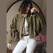 Load image into Gallery viewer, Women’s Suede Bomber Jacket – Cropped Racing Style