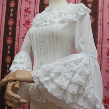 Load image into Gallery viewer, Retro Style Long Flare Sleeve Lolita Lace Blouse Women's Plus Size Chiffon White Shirt with Layered Lace Ruffles