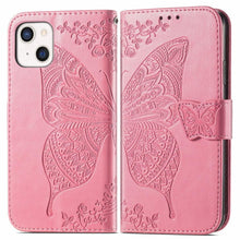 Load image into Gallery viewer, Luxury Pink Butterfly Flower Wallet Flip Case For iPhone 14 Pro Max 13 12 Classic Simple Leather Wallet Case with Card Holder Kickstand Wrist Strap Flip Cover for iPhone
