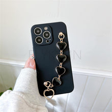 Load image into Gallery viewer, Soft Silicone Love Heart Chain Luxury Soft Flexible with Love Heart Chain Bracelet Hand Strap Girly Women Protective Cover for iPhone Wrist Bracelet Phone Case For iPhone 12 13 14 Pro Max Mini 11 Pro Max X XS Max XR 7 8 Plus