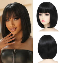 Load image into Gallery viewer, Short hair synthetic wig with side parting, locks around the collarbone, hair made of high-temperature fibers, full head cover.