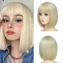 Load image into Gallery viewer, Short hair synthetic wig with side parting, locks around the collarbone, hair made of high-temperature fibers, full head cover.