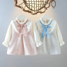 Load image into Gallery viewer, Long Sleeved Baby Girl Dress With Spring And Autumn Bow Lace Splicing Small Plaid Sweet Long Sleeved Dress