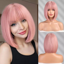 Load image into Gallery viewer, Short Straight Bob Wigs for Women Black Brown Synthetic Natural Hair Wig with Bangs Heat Resistant Cosplay Daily Use Hair