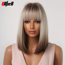 Load image into Gallery viewer, Short Straight Synthetic Wigs for Women Blonde to Brown Ombre Bob Wigs with Bangs Daily Cosplay Party Heat Resistant Fake Hair
