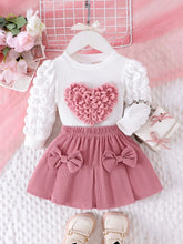 Load image into Gallery viewer, 2PCS Winter Outfit for Girls – Cute Bubble Sleeve Top & Pink Skirt Set