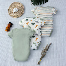 Load image into Gallery viewer, 3PCS Baby Bodysuit Set for Boys | Summer Short Sleeve Cotton Romper with Cartoon Dinosaur & Stripe Designs