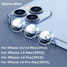 Load image into Gallery viewer, 9H Tempered Glass Camera Cover Screen Protector Metal Ring Decoration Accessories For iPhone 14 13 Pro Max Metal Camera Lens Ring Glass Camera Lens Protectors for iPhone 14 13mini 13pro 14plus 14pro Camera Film