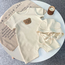 Load image into Gallery viewer, New In Summer Kids Baby Girls Boys Short Sleeve Waffle Patch Bear Infant Newborn Jumpsuits Cotton Romper Gift Hat with Ear