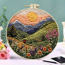 Load image into Gallery viewer, Beginners Hand Embroidery Kit - Mountain & Moon Landscape with Fabric & Threads