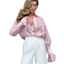 Load image into Gallery viewer, Women’s Autumn Office Shirt – Loose Fit Chiffon Blouse with Flare Sleeves & Turn-Down Collar, Solid Color Long Sleeve Top