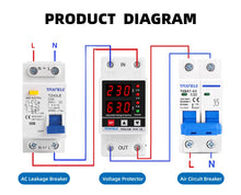Load image into Gallery viewer, Dual Display 40A 63A 230V Din Rail Adjustable digital Over Under Voltage Relay Surge Protector Limit Over Current Protection