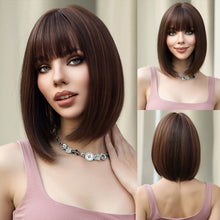 Load image into Gallery viewer, Short Straight Bob Wigs for Women Black Brown Synthetic Natural Hair Wig with Bangs Heat Resistant Cosplay Daily Use Hair