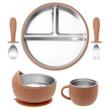 Load image into Gallery viewer, 5PCS Baby Feeding Set Stainless Steel Plates with Silicone Sucker