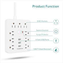 Load image into Gallery viewer, Power Strip with Surge Protector – 9 AC Outlets & 3 USB Ports, 5ft Extension Cord, Quick Charge, UL Certified Power Outlet for Home & Office (White)