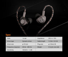 Load image into Gallery viewer, KEFINE Delci 10mm DLC+PU Diaphragm Dynamic Driver Hifi Wired IEM Earphones with CNC Metal & Detachable 0.78mm 2pin 3.5mm Cable