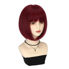 Load image into Gallery viewer, Short hair synthetic wig with side parting, locks around the collarbone, hair made of high-temperature fibers, full head cover.