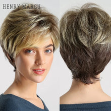 Load image into Gallery viewer, Short hair synthetic wig with side parting, locks around the collarbone, hair made of high-temperature fibers, full head cover.