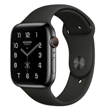 Load image into Gallery viewer, Hermes Apple Watch Series 7 GPS/ Cellular 41 mm - Space Black Stainless Steel Case - Black Silicone Watch Band