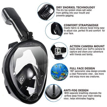 Load image into Gallery viewer, Full Face Snorkel Mask with Detachable Camera Mount,Snorkeling Swimming Diving Mask Wide View Anti-Fog Anti-Leak for Adult Kids