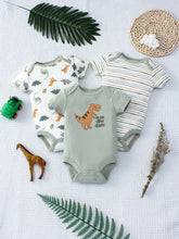 Load image into Gallery viewer, 3PCS Baby Bodysuit Set for Boys | Summer Short Sleeve Cotton Romper with Cartoon Dinosaur & Stripe Designs