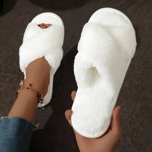 Load image into Gallery viewer, Cross Warm Fluffy Furry Slippers Women Lightweight Flat Heels Fur Slides Woman Autumn Winter Open Toe Non Slip Home Floor Shoes
