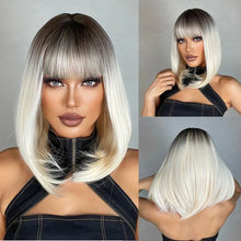 Load image into Gallery viewer, Short Straight Synthetic Wigs for Women Blonde to Brown Ombre Bob Wigs with Bangs Daily Cosplay Party Heat Resistant Fake Hair