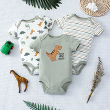 Load image into Gallery viewer, 3PCS Baby Bodysuit Set for Boys | Summer Short Sleeve Cotton Romper with Cartoon Dinosaur & Stripe Designs