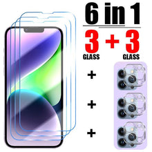 Load image into Gallery viewer, 6in1 Tempered Glass for iPhone 11 12 13 14 Pro XR XS Max Camera Screen Protector for iPhone 12 Pro Max Mini 7 8 6 6S Plus Glass 9H Anti Scratch Shatterproof Ultra Clear Screen Protector