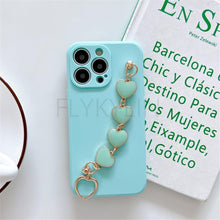 Load image into Gallery viewer, Soft Silicone Love Heart Chain Luxury Soft Flexible with Love Heart Chain Bracelet Hand Strap Girly Women Protective Cover for iPhone Wrist Bracelet Phone Case For iPhone 12 13 14 Pro Max Mini 11 Pro Max X XS Max XR 7 8 Plus