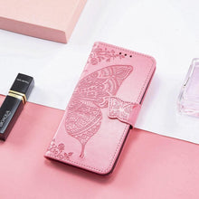 Load image into Gallery viewer, Luxury Pink Butterfly Flower Wallet Flip Case For iPhone 14 Pro Max 13 12 Classic Simple Leather Wallet Case with Card Holder Kickstand Wrist Strap Flip Cover for iPhone