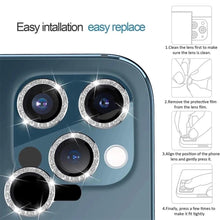 Load image into Gallery viewer, 9H Tempered Glass Camera Cover Screen Protector Metal Individual Ring For iPhone Phone Glitter Camera Lens Protector Film For iPhone 14 13 12 11 Pro Max Luminous Lens Metal Glass Protective Cover