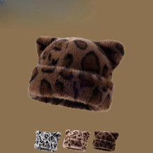 Load image into Gallery viewer, Leopard print plush teddy bear hat for women, sweet and cute, thick and warm, retro and versatile, hooded beanie.