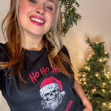 Load image into Gallery viewer, Holiday Skeleton Santa Claus Black Tee Shirt