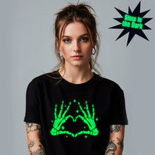 Load image into Gallery viewer, Glow in the Dark Dead Inside Heart Skeleton Hands Black Tee Shirt