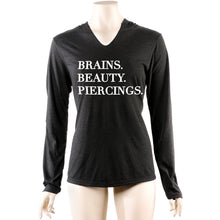 Load image into Gallery viewer, Brains Beauty & Piercings Tapered Long Sleeve Hoodie