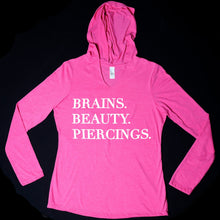 Load image into Gallery viewer, Brains Beauty & Piercings Tapered Long Sleeve Hoodie