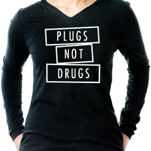 Load image into Gallery viewer, Plugs Not Drugs Tapered Long Sleeve Hoodie
