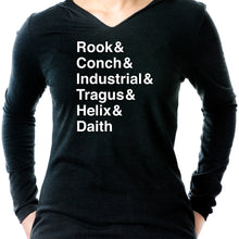 Load image into Gallery viewer, Rook & Conch & Industrial & Tragus & Helix & Daith Tapered Long Sleeve Hoodie