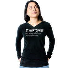 Load image into Gallery viewer, Stigmatophile n. a person who loves tattoos; piercings. Black Tapered Long Sleeve Hoodie