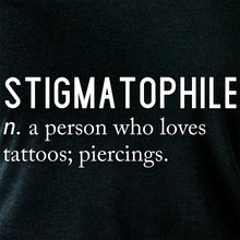 Load image into Gallery viewer, Stigmatophile n. a person who loves tattoos; piercings. Black Tapered Long Sleeve Hoodie