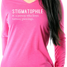 Load image into Gallery viewer, Stigmatophile n. a person who loves tattoos; piercings. Black Tapered Long Sleeve Hoodie