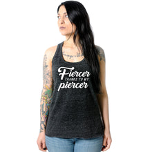Load image into Gallery viewer, Fiercer thanks to my Piercer Black Gray Cosmic Twist Back Tank Top