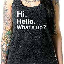Load image into Gallery viewer, Hi. Hello. What's up? Black Gray Cosmic Twist Back Tank Top